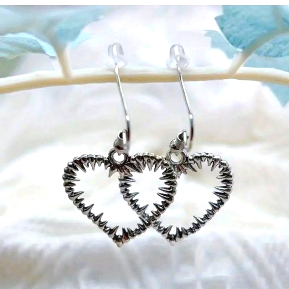 Gothic Silver Spike Heart Earrings